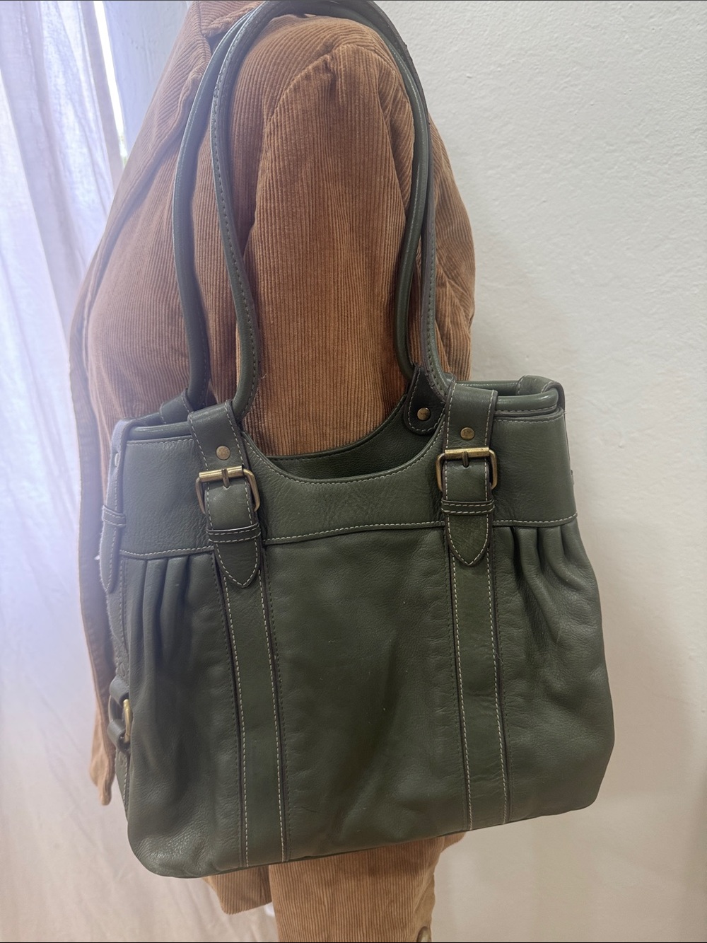 Vintage Olive Green Leather Shoulder Bag